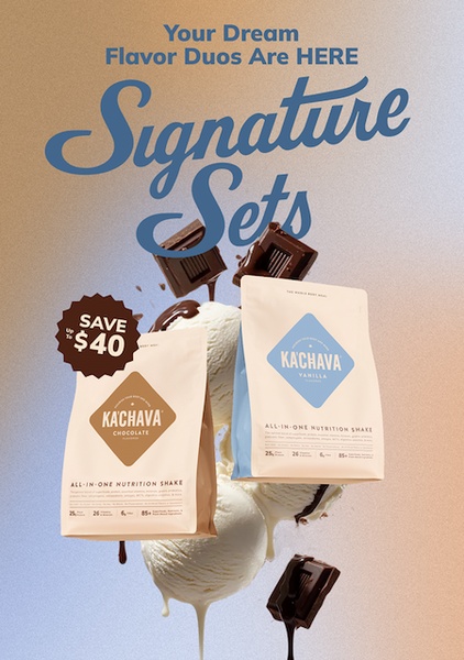 A high-contrast, vertical format advertisement showcasing two nutritional supplement bags floating above ice cream with a prominent discount callout.